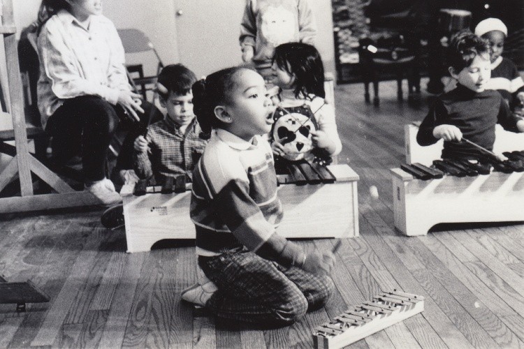 Bloomingdale School of Music Xylophone Class in Concert Hall 86-87 young students in black and white photo